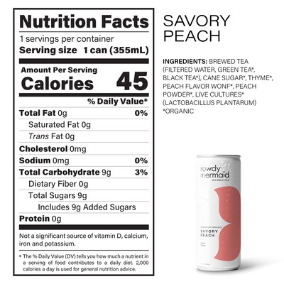 Rowdy Mermaid Organic Savory Peach Kombucha, 12 Oz, 12/Box (307-00390)