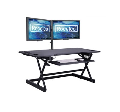 Rocelco 46"W Adjustable Standing Desk Converter with ACUSB Charger and Dual Monitor Mount Riser, Black (R DADRB-46-ACUSB-DM2)