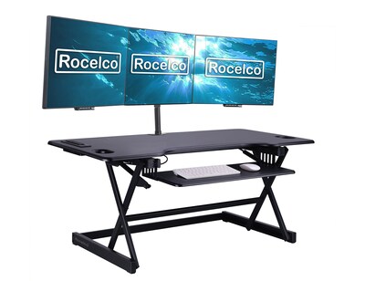 Rocelco 46"W Adjustable Standing Desk Converter with ACUSB Charger and Triple Monitor Mount, Black (R DADRB-46-ACUSB-DM3)