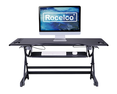 Rocelco 46"W 5"-20"H Adjustable Standing Desk Converter with ACUSB Charger and Anti Fatigue Mat, Black (R DADRB-46-ACUSB-MAFM)