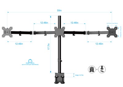 Rocelco 46"W Adjustable Standing Desk Converter with ACUSB Charger and Triple Monitor Mount, Black (R DADRB-46-ACUSB-DM3)