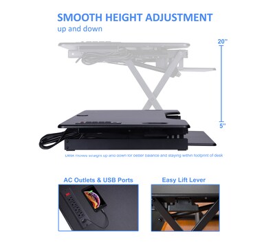 Rocelco 46W 5-20H Adjustable Standing Desk Converter with ACUSB Charger and Dual Monitor Stand, B