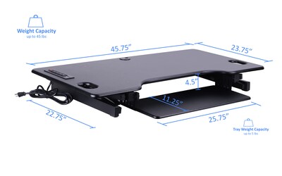 Rocelco 46"W Adjustable Standing Desk Converter with ACUSB Charger and Dual Monitor Mount Riser, Black (R DADRB-46-ACUSB-DM2)