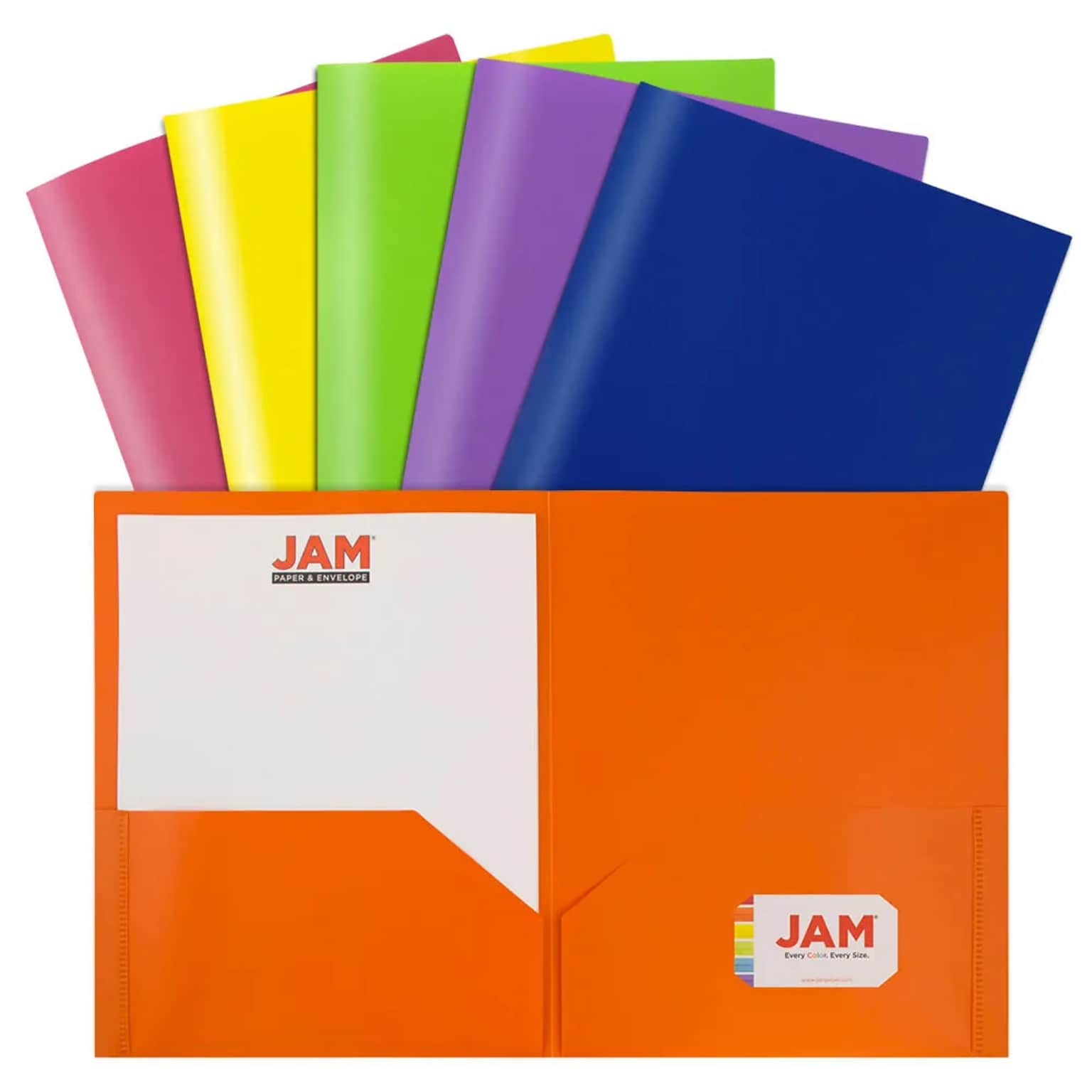 JAM Paper POP 2-Pocket Plastic Folders, Multicolored, Assorted Primary, 12/Pack (383EASSRTDA)