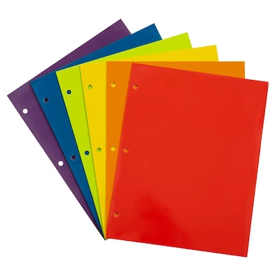JAM Paper Glossy 3 Hole Punched, 2-Pocket Plastic Folders, Multicolored, Assorted Primary, 12/Pack (
