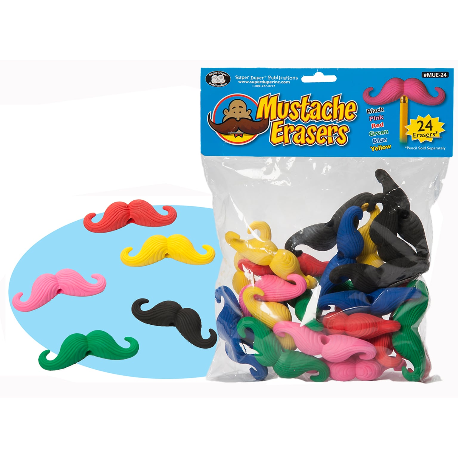 Super Duper Publications Pencil Erasers, Mustache Design, 24 Pack (MUE24)