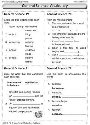 Mark Twain Science Vocabulary Quick Starts, Grades 4 - 9 Paperback (405018)