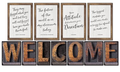 Schoolgirl Style Industrial Chic Bulletin Board Set, WELCOME and 4 Inspirational Posters (110401)