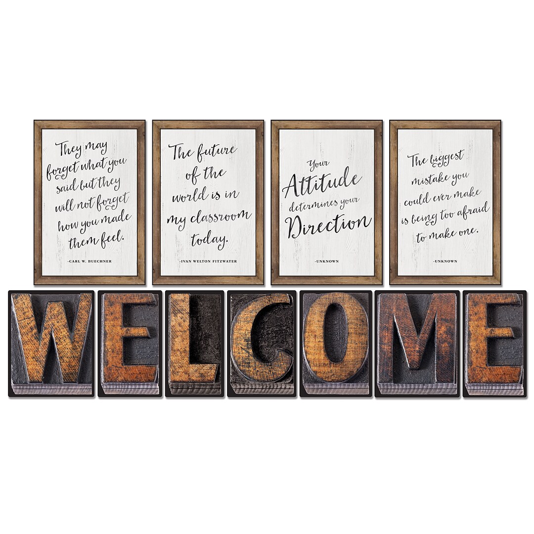 Schoolgirl Style Industrial Chic Bulletin Board Set Welcome And 4 Inspirational Posters Quill Com