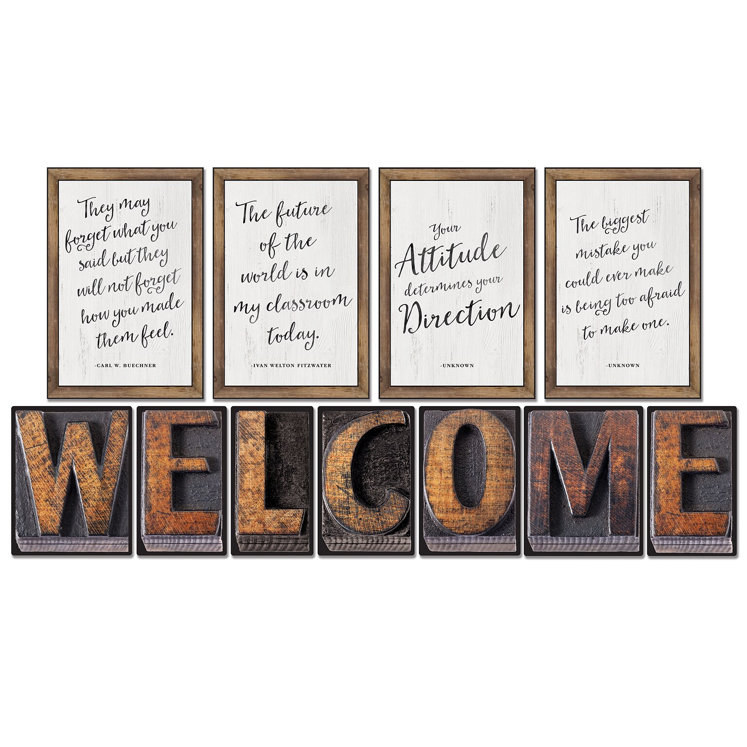 Schoolgirl Style Industrial Chic Bulletin Board Set, WELCOME and 4 Inspirational Posters (110401)