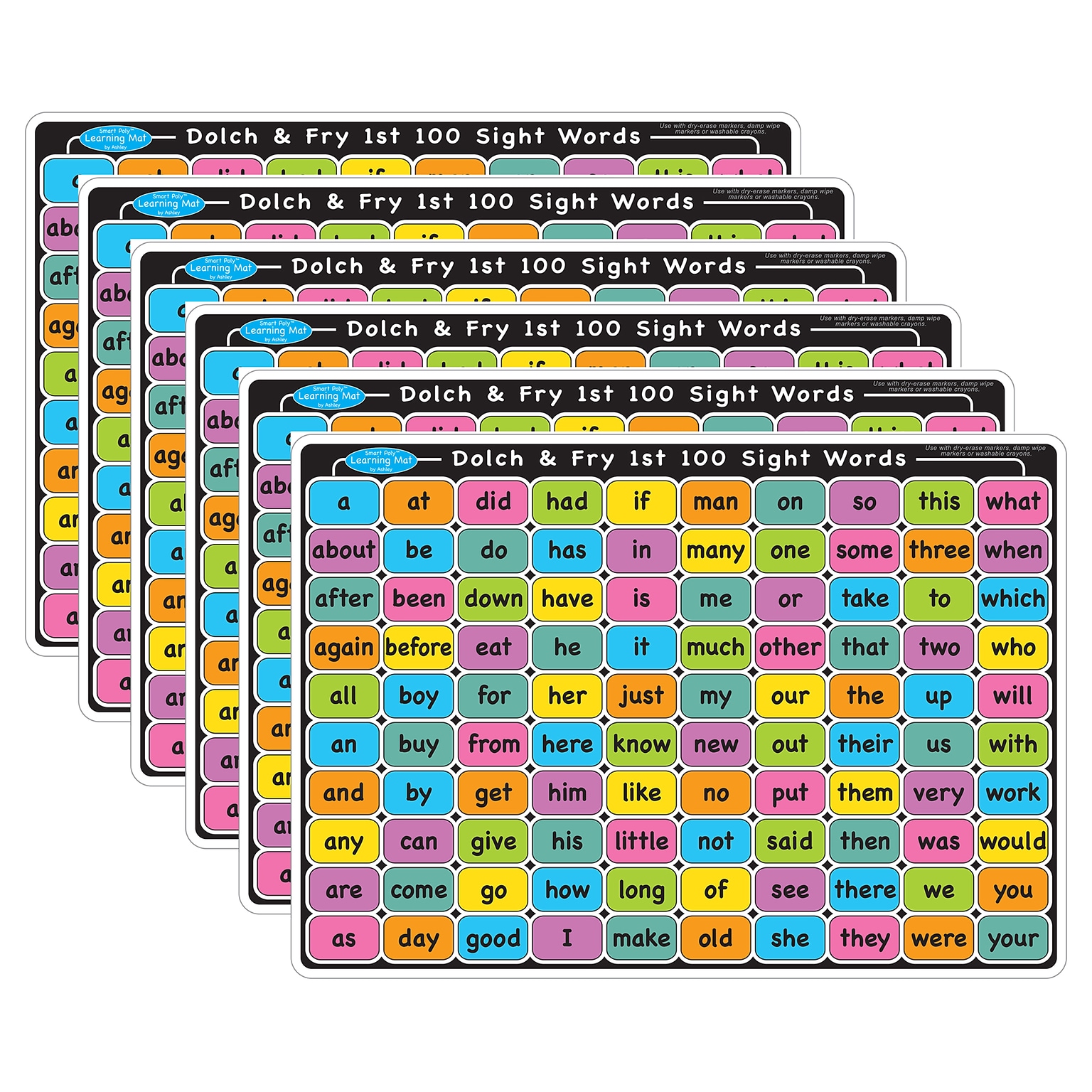 Ashley Productions Smart Poly Learning Mat, 12 x 17, Double-Sided, Sight Words 1st & 2nd 100, Pack of 6 (ASH95005-6)