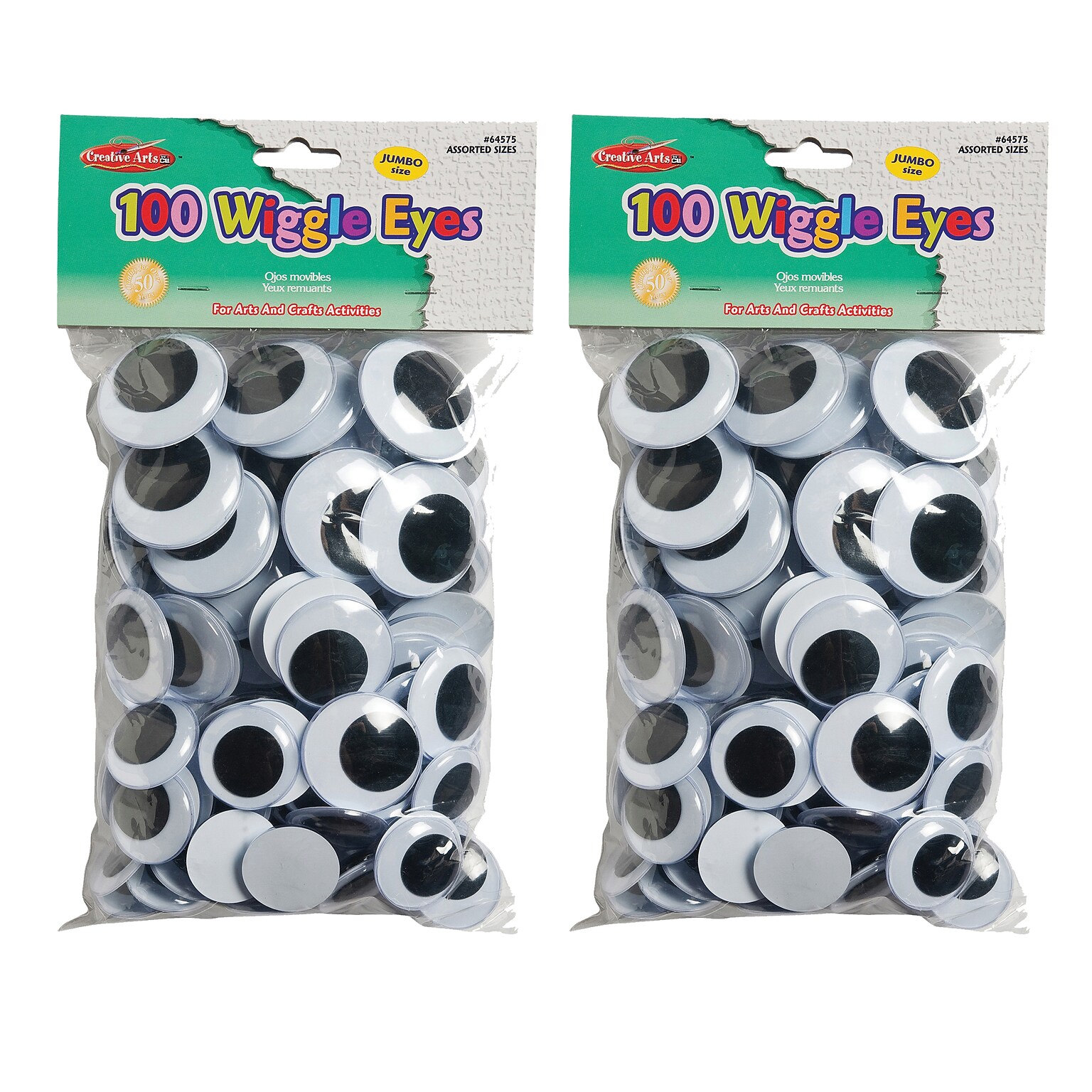 Charles Leonard Wiggle Eyes, Jumbo Round, Assorted Sizes, Black, 100 Per Pack, 2 Packs (CHL64575-2)