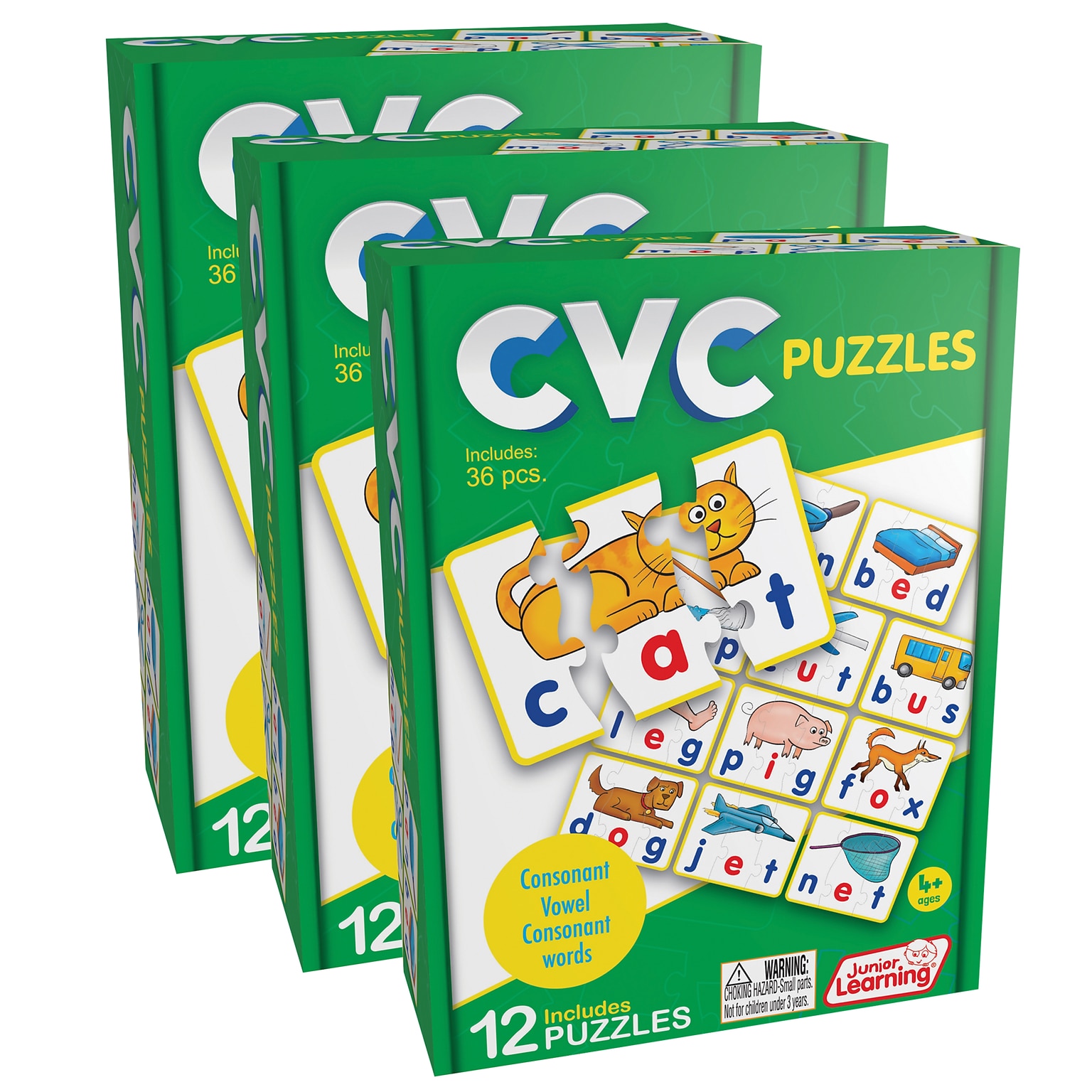 Junior Learning CVC Puzzles, 12 Per Set, 3 Sets (JRL240-3)