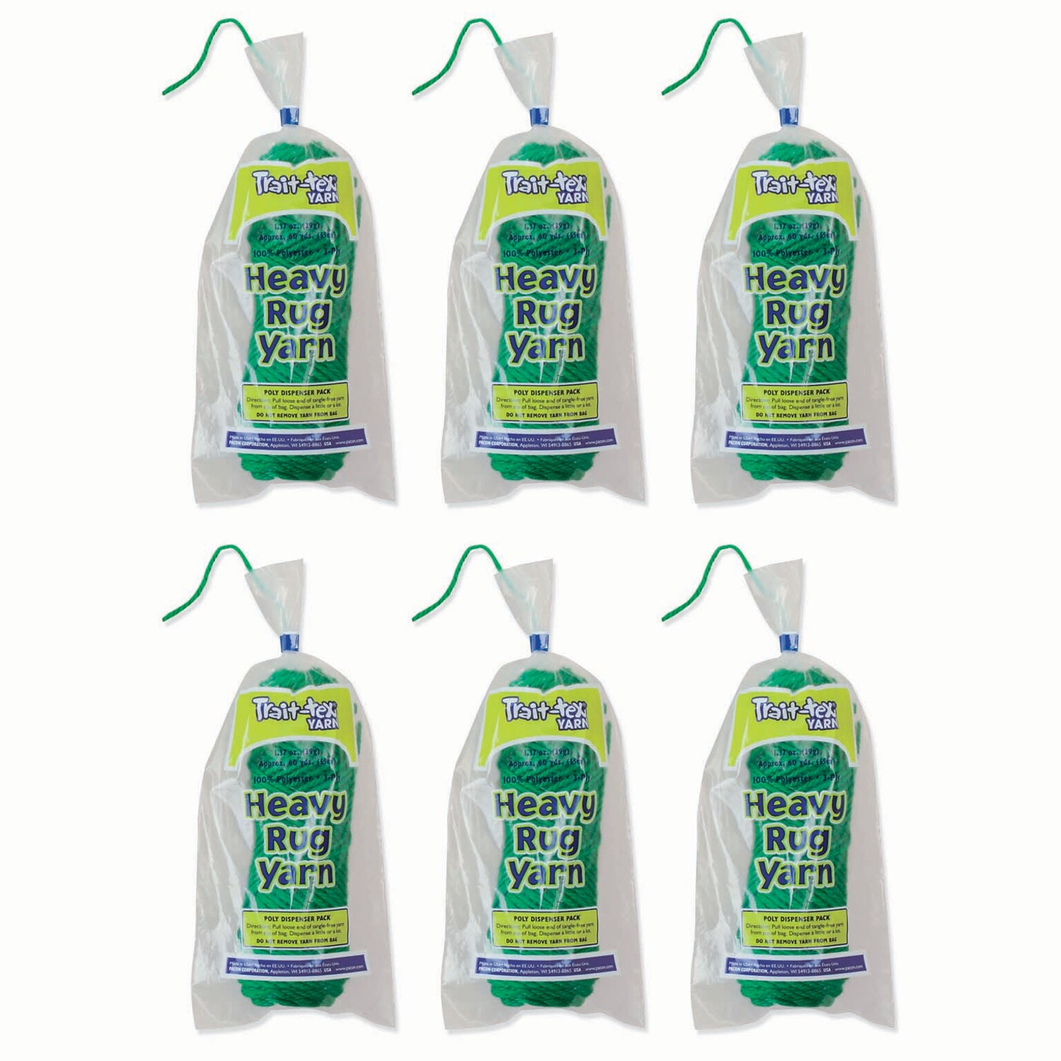 Trait-tex Heavy Rug Yarn, Holiday Green, 1.37 oz., 60 Yards Per Pack, 6 Packs (PAC04173-6)