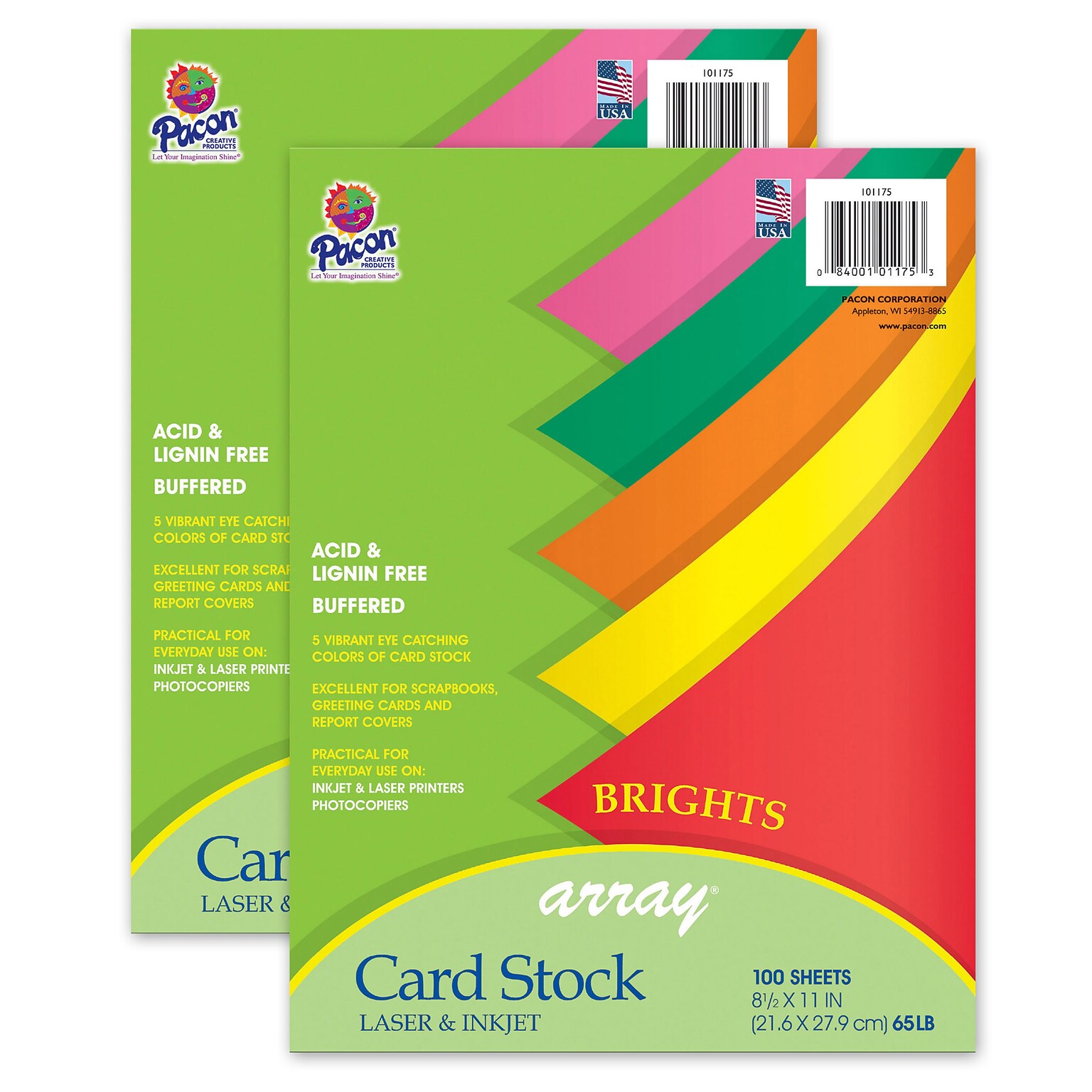 Pacon Bright Card Stock, 5 Assorted Colors, 8-1/2 x 11, 100 Sheets Per Pack, 2 Packs (PAC101175-2)