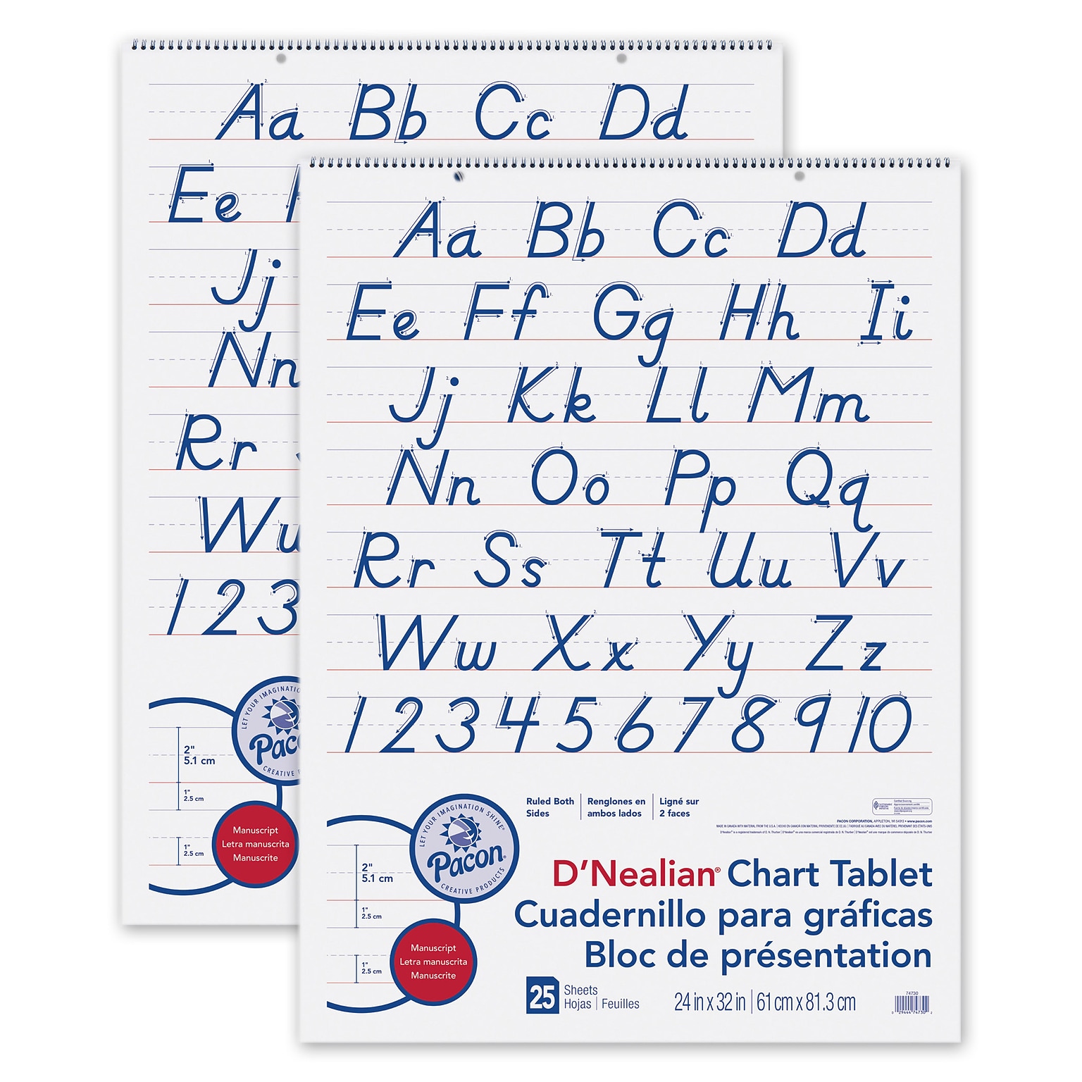 Pacon DNealian Chart Tablet, Manuscript Cover, 2 Ruled 24 x 32, 25 Sheets, Pack of 2 (PAC74730-2)