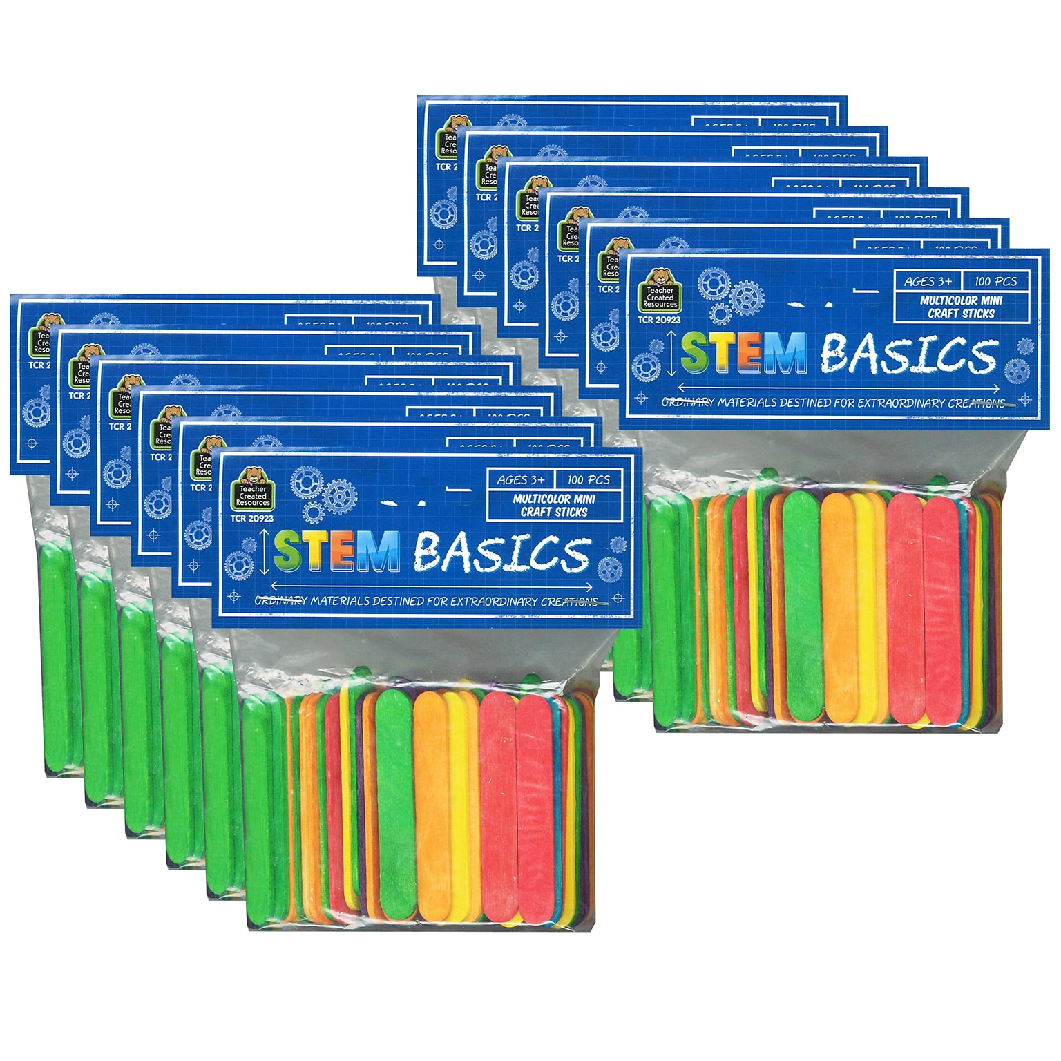 Teacher Created Resources STEM Basics: Multicolor Mini Craft Sticks, 100 Per Pack, 12 Packs (TCR20923-12)