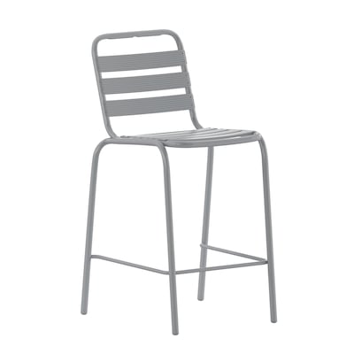 Flash Furniture Lila Indoor-Outdoor Restaurant Bar Height Stool with Slat Back, Silver (TLH015H)