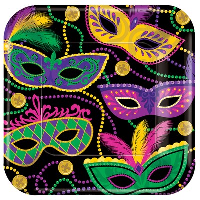 Amscan Mardi Gras Masks Square Paper Plates, 7 x 7, 8 Plates/Pack, 5/Pack (541901)