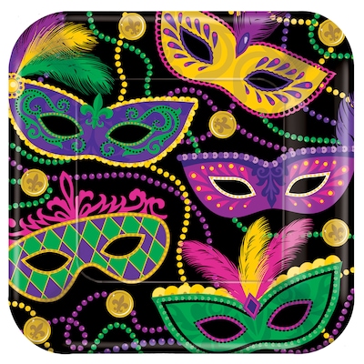 Amscan Mardi Gras Masks Square Paper Plates, 10 x 10, 8 Plates/Pack, 5/Pack (551901)