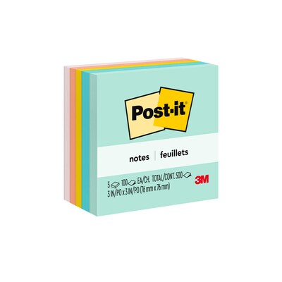 Post-it Notes, 3 x 3, Marseille Collection, 100 Sheet/Pad, 5 Pads/Pack (654-5AST)