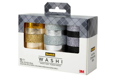 Scotch Washi Glitter Metallic Washi Tape, Multicolor, 15 Rolls/P ack (C1017-15-P6)