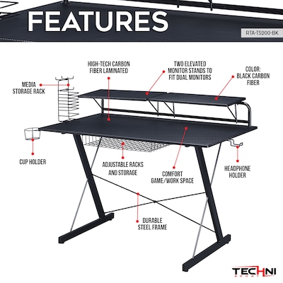 Techni Sport Carbon Computer Gaming Desk with Shelving, Black (RTA-TS200-BK)