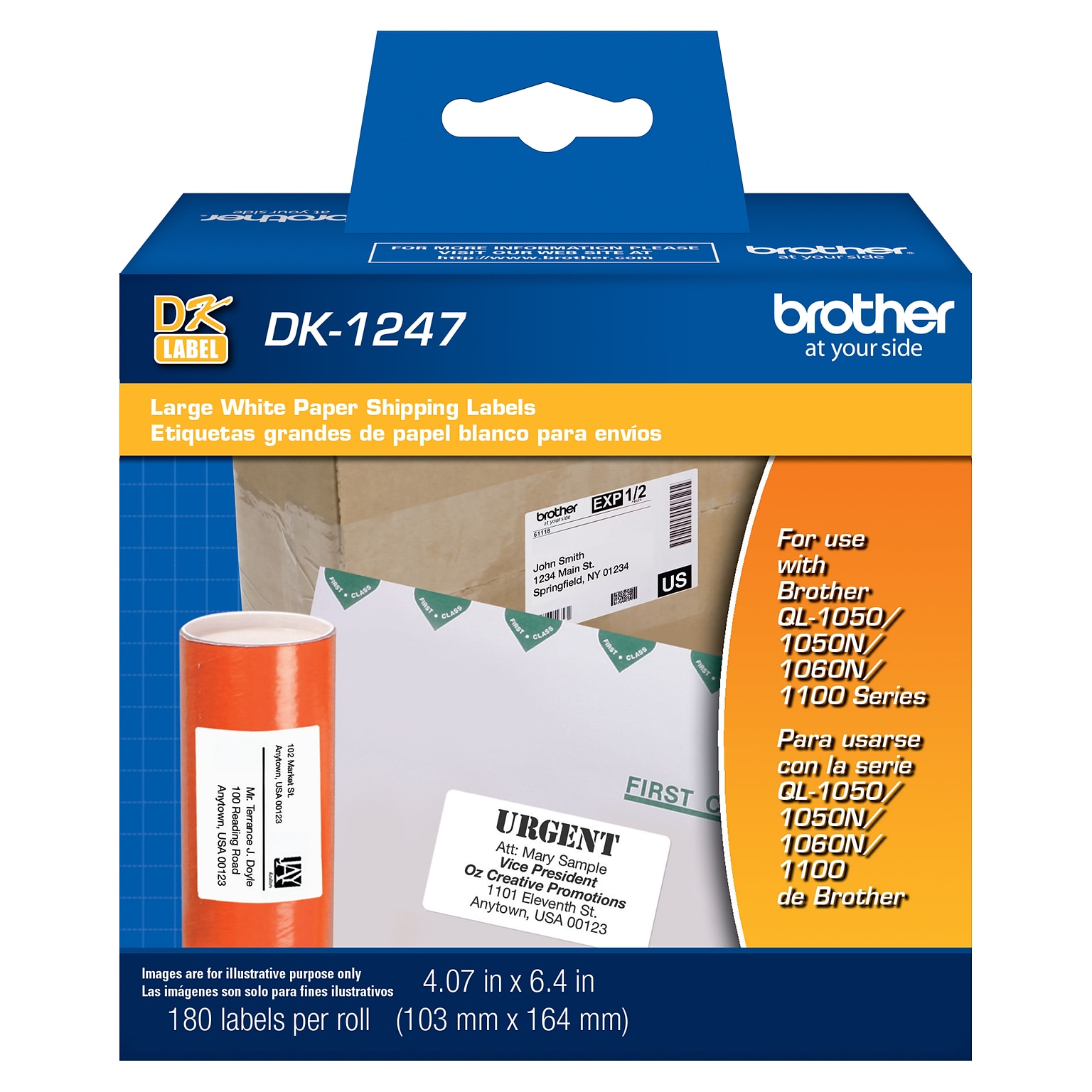 Brother DK-1247 Large Shipping Paper Labels, 6-4/10 x 4-7/100, Black on White, 180 Labels/Roll (DK-1247)