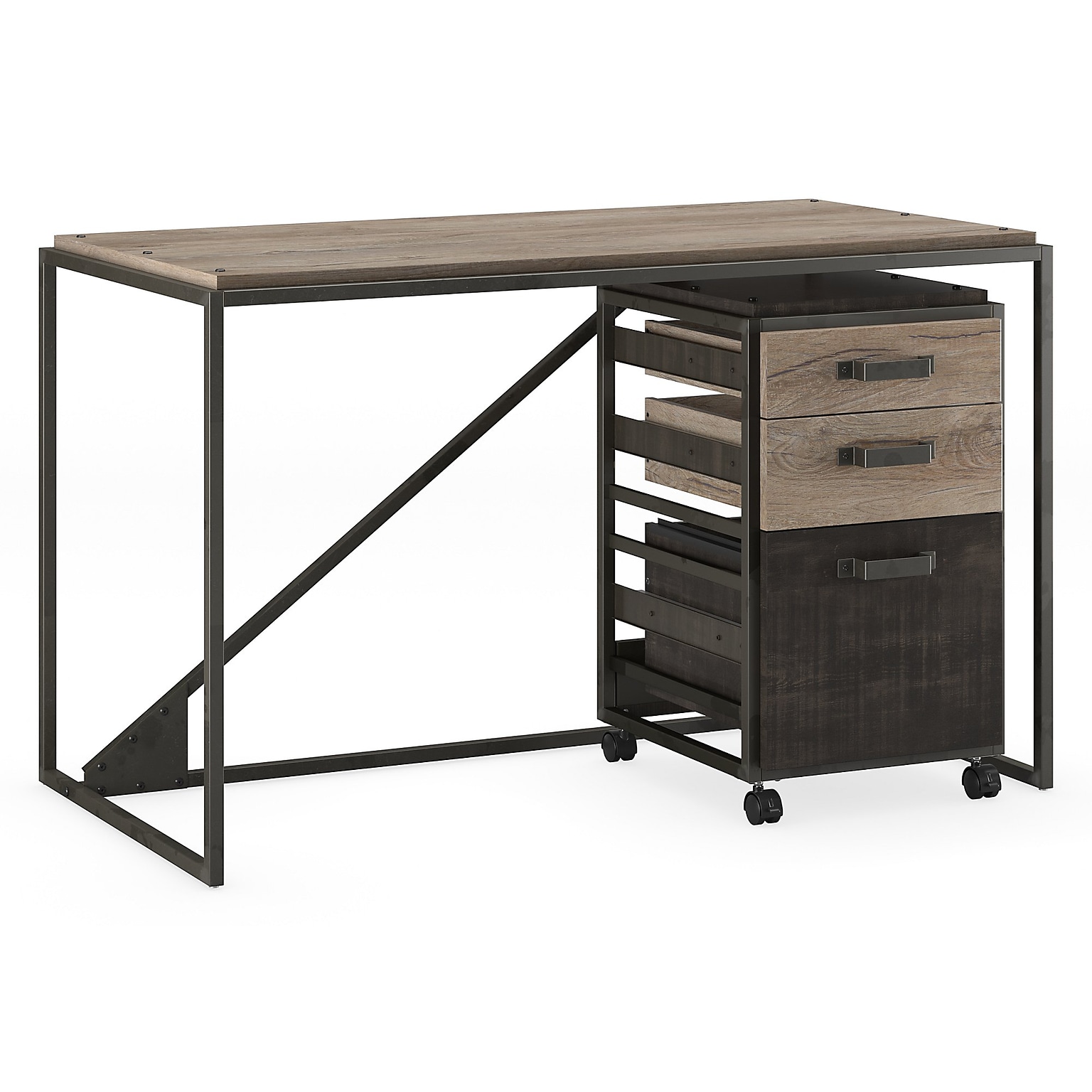 Bush Furniture Refinery 50W Industrial Desk with 3 Drawer Mobile File Cabinet, Rustic Gray/Charred Wood (RFY006RG)