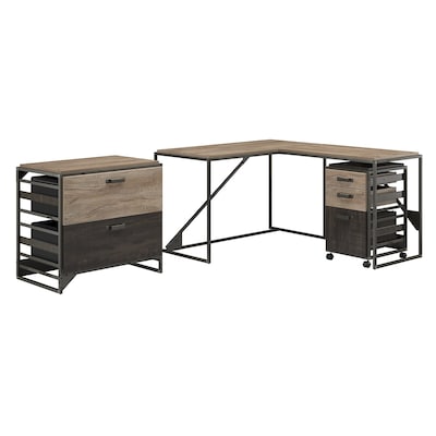 Bush Furniture Refinery 50W L Shaped Industrial Desk with File Cabinets, Rustic Gray/Charred Wood (
