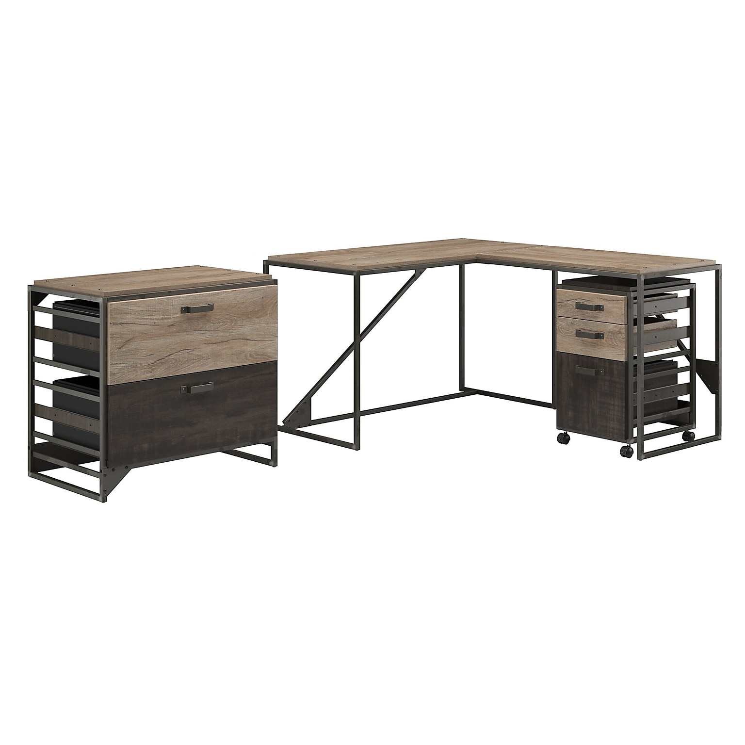 Bush Furniture Refinery 50W L Shaped Industrial Desk with File Cabinets, Rustic Gray/Charred Wood (RFY009RG)