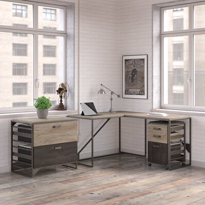 Bush Furniture Refinery 50W L Shaped Industrial Desk with File Cabinets, Rustic Gray/Charred Wood (