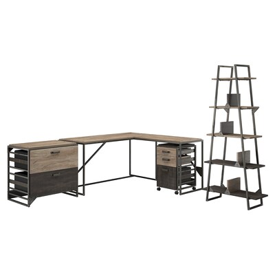 Bush Furniture Refinery 62W L Shaped Desk with 37W Return, Bookshelf and File Cabinets, Rustic Gray (RFY001RG)