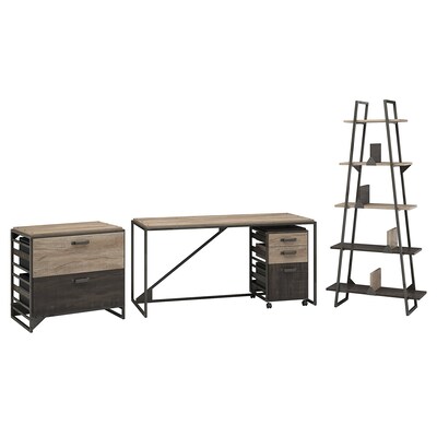Bush Furniture Refinery 62W Industrial Desk with A Frame Bookshelf and File Cabinets, Rustic Gray (R