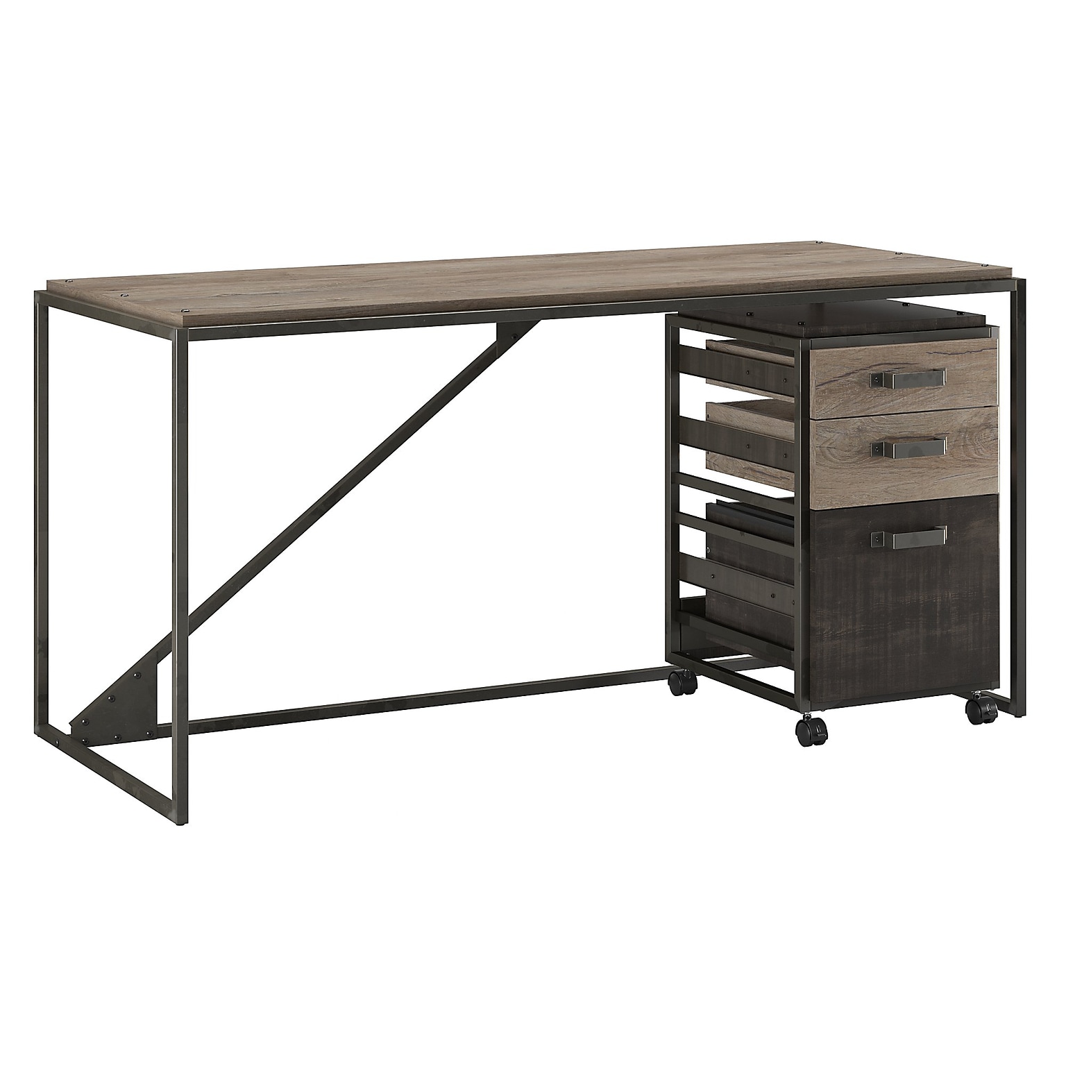 Bush Furniture Refinery 62W Industrial Desk with 3 Drawer Mobile File Cabinet, Rustic Gray/Charred Wood (RFY005RG)
