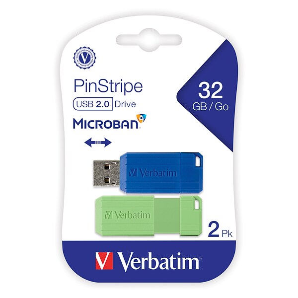 Verbatim PinStripe 32GB USB 2.0 Flash Drive,Blue/Green, 2/Pack (99814)
