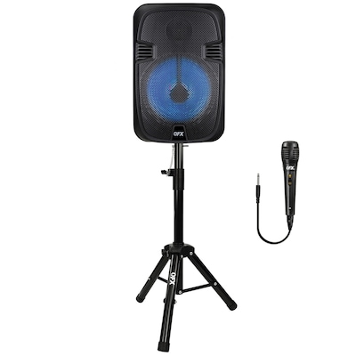 QFX 12-In. True Wireless Stereo Bluetooth Rechargeable Speaker with Wired Microphone & Stand, Black