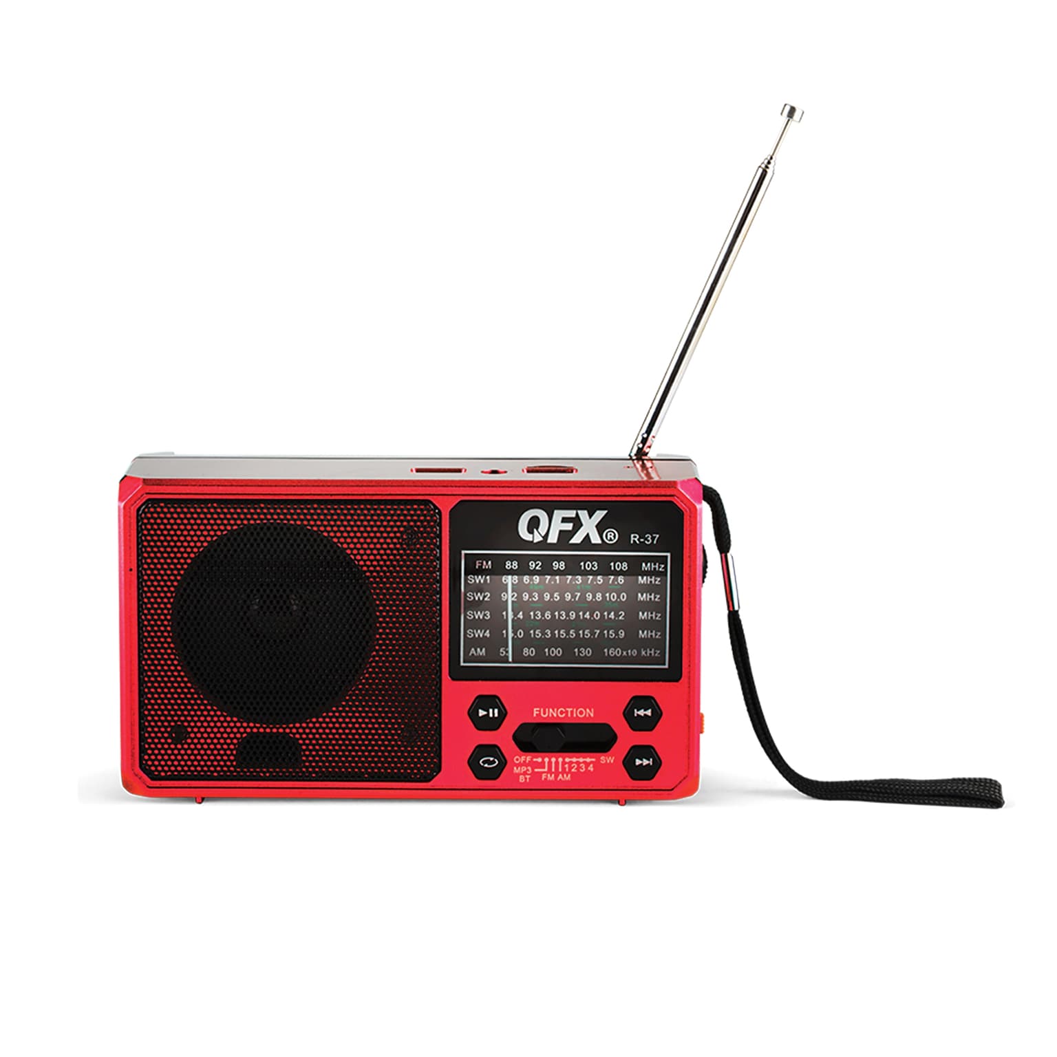 QFX Portable AM/FM/Shortwave Radio with Bluetooth, Flashlight & Solar Panel, Red (R-37)