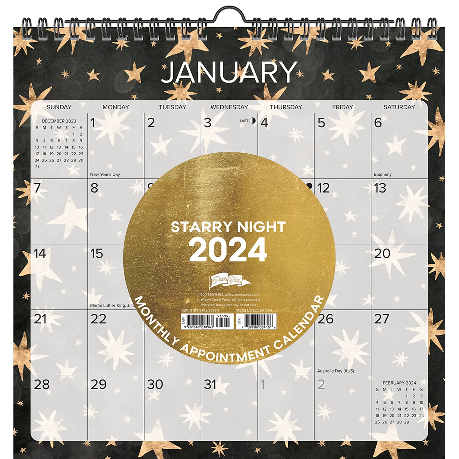 2024 Willow Creek Press Starry Night 2024  12 x 12 Spiral Wall Art Grid Calendar 12 x 12 (38963)