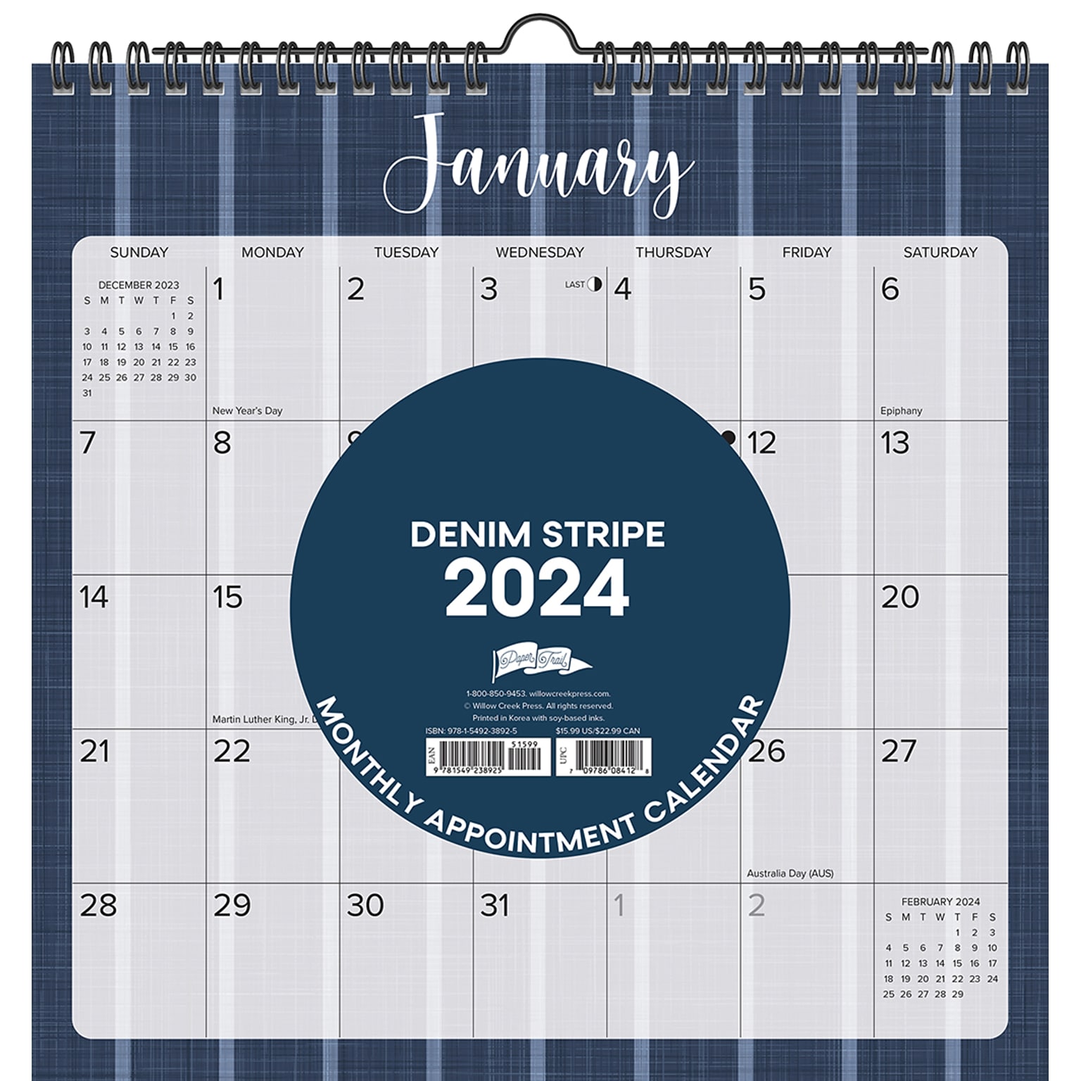 2024 Willow Creek Press Denim Stripe 2024  12 x 12 Spiral Wall Art Grid Calendar 12 x 12 (38925)