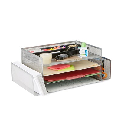 Mind Reader Network Collection 6 Compartment Front Loading Letter Tray with Side Storage, Silver Wire Mesh (4TSIDE2-SIL)
