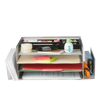 Mind Reader Network Collection 6 Compartment Front Loading Letter Tray with Side Storage, Silver Wir