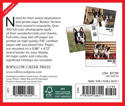 2024 Willow Creek Boston Terriers 6" x 5.5" Daily Day-to-Day Calendar, Multicolor (36211)