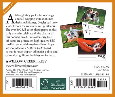 2024 Willow Creek Beagles 6 x 5.5 Daily Day-to-Day Calendar, Multicolor (36181)