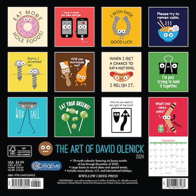 2024 Willow Creek The Art of David Olenick Puns 7 x 7 Monthly Wall Calendar, Multicolor (36952)