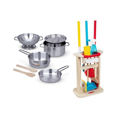 Melissa & Doug Pots & Pans Set with Deluxe Sparkle & Shine Cleaning Play Set (14265-30606-KIT)