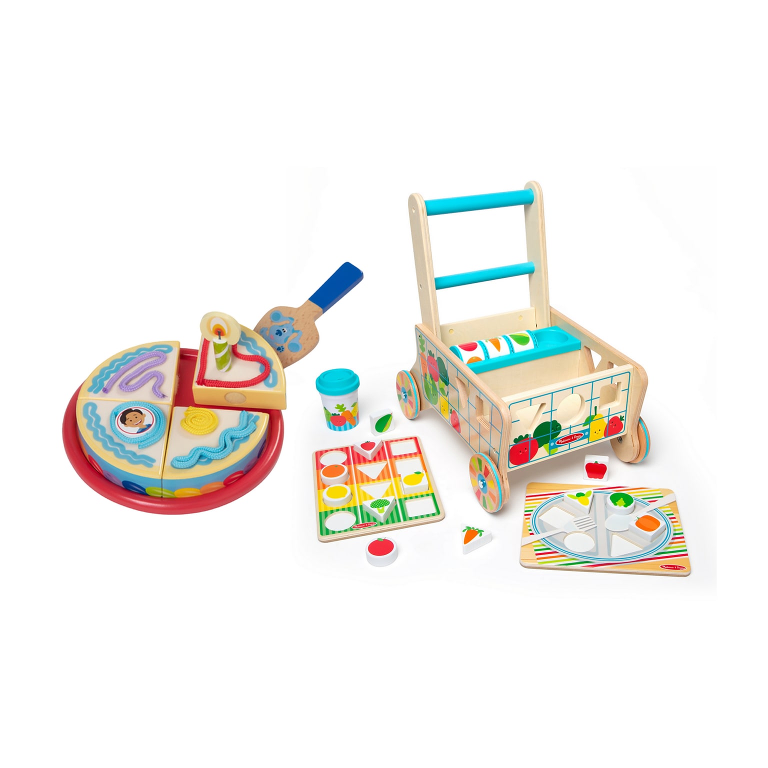 Mattel Blues Clues & You Wooden Birthday Party Play Set with Wooden Shape Sorting Grocery Cart, Multicolored (33018-30732-KIT)