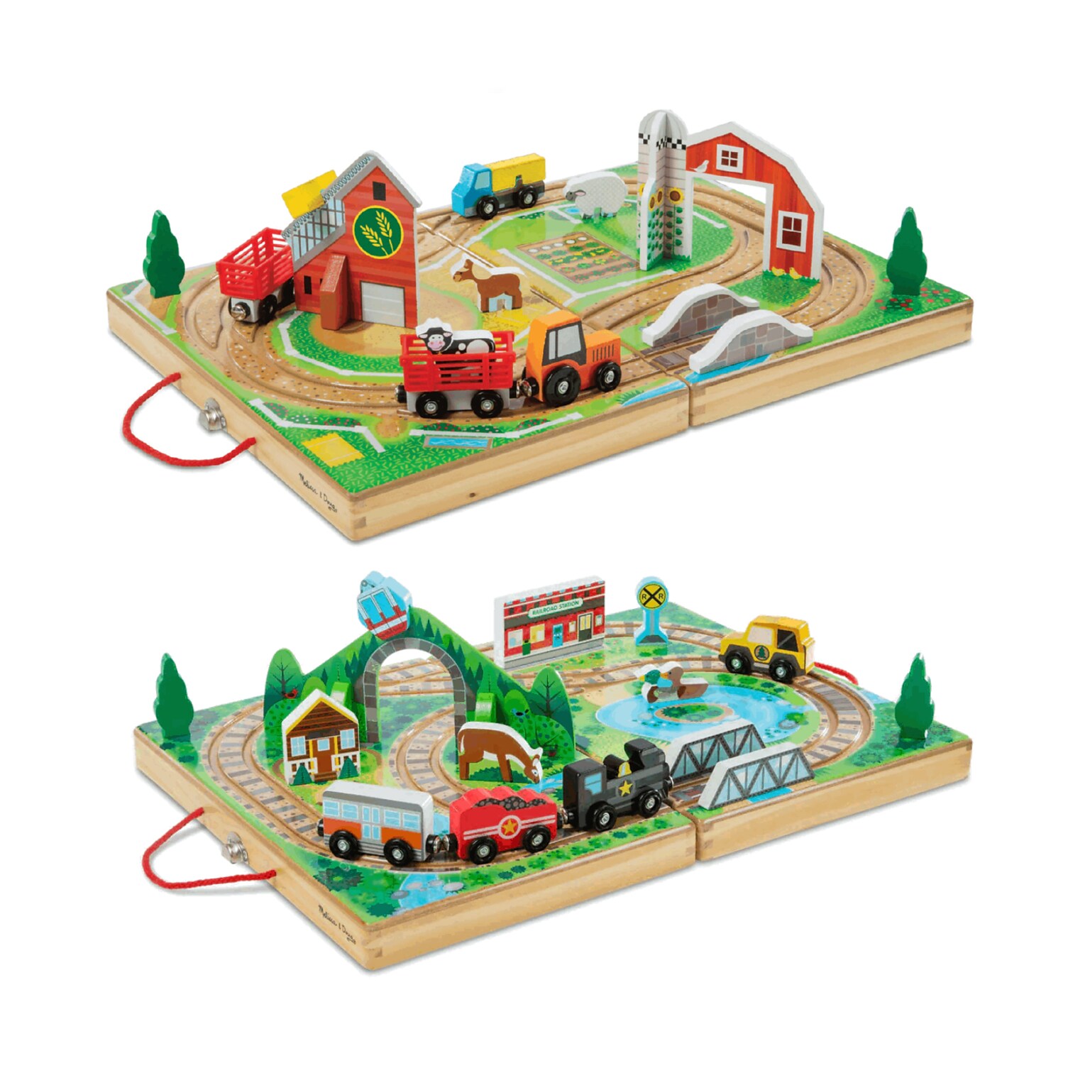 Melissa & Doug 17-Piece Wooden Take-Along Tabletop Farm with Take-Along Railroad