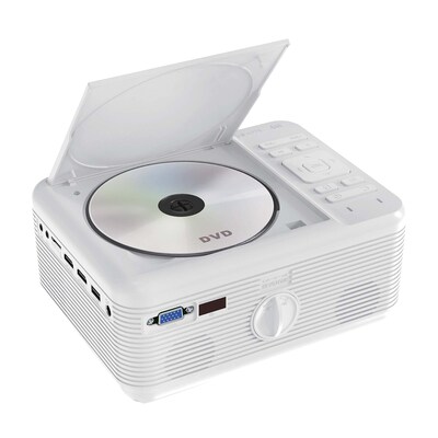 RCA Wireless Bluetooth 480p LCD Compact Projector with Built-in DVD Player, 100" Foldup Screen & Remote, White (RPJ241-COMBO)