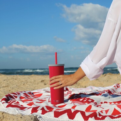 ASOBU Ocean Double-Walled Vacuum-Insulated Stainless Steel Travel Tumbler with Flexible Straw & Dual Lids, 27 oz., Red (ICT27)
